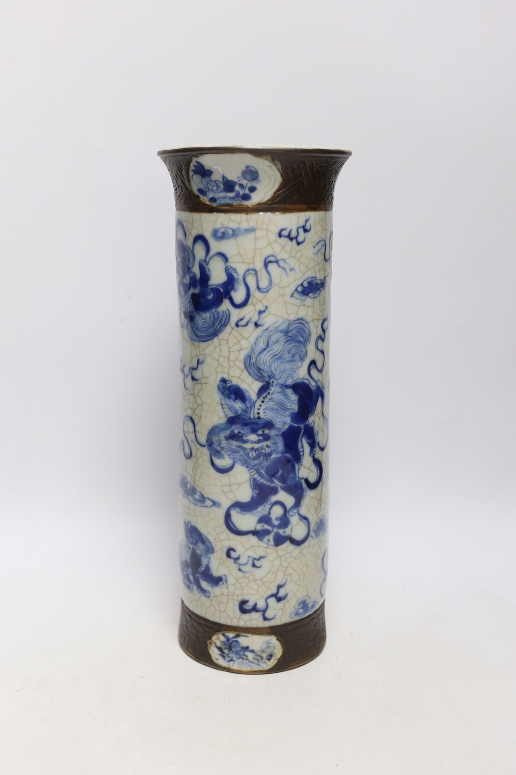 A Chinese blue and white crackle glaze cylindrical vase, 35cm high